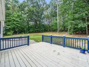 A deck with a blue railing and trees in the background.