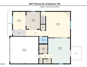Floor plan for the first floor of 1841 Fillmore Dr, Creedmoor, NC, showing living, dining, family room, kitchen, laundry, bath, foyer, closet, hall, garage, porch, and patio. Total area: 1,258 sq ft.