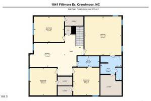 Floor plan of the second floor at 1841 Fillmore Dr, Creedmoor, NC, showing four bedrooms, two bathrooms, a bonus room, closets, and a central hall with stairs. Total exterior area is 1673 sq ft.