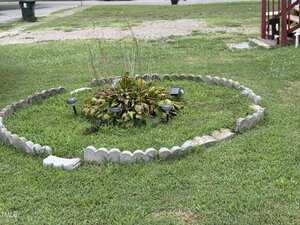 A small circular garden bordered with scalloped concrete edging contains a cluster of leafy plants and four solar lights, surrounded by green grass. A gravel driveway and roadway are visible in the background.