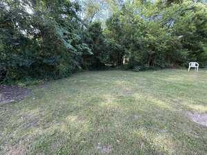 A grassy backyard with a patch of dirt on the left, dense green trees and bushes in the background, and a single white plastic chair near the right edge of the image.