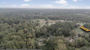 Aerial view of a wooded area in Henderson with a few houses and a road in the foreground. A rectangular plot of land at 428 Merriman Street on the right side is outlined in orange. The sky is cloudy, and text is overlaid along the bottom edge.