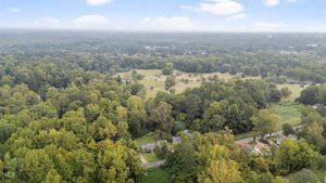 Aerial view of a rural area with dense green trees, a few houses, open grassy fields, and a road running through the lower part of the image. The horizon is visible under a partly cloudy sky.