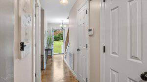 A hallway with light-colored walls and wooden floors leads to an open front door. A small table with a plant is on the left, and several white doors and a thermostat are on the right. Green grass is visible outside.