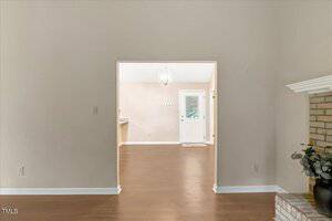 A view from one room into another with light-colored walls, wood flooring, a white door with windows, a hanging light fixture, and part of a brick fireplace with a potted plant on the right.