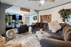 A living room with brown sectional sofas, zebra-patterned chairs, a large TV, speakers, fan, plants, and artwork on the walls. Wood-look flooring and a ceiling fan are visible. A clock hangs on the back wall.