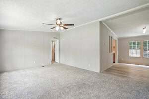 A spacious living room with light gray walls, carpeted flooring, a ceiling fan with lights, and an open doorway leading to another room with wood-look flooring and large windows.