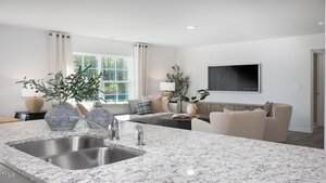 A modern living room viewed from a kitchen with a granite countertop and double sink. The space includes a sofa, armchairs, a flat-screen TV on the wall, large window, neutral decor, and potted plants.