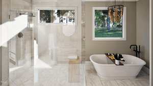 A modern bathroom with a glass-enclosed shower, freestanding bathtub with a wooden tray, black fixtures, a chandelier, large windows, and marble floors. Natural light fills the space.
