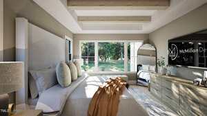 A modern bedroom with a large bed, beige and white bedding, wooden ceiling beams, a dresser with a TV mounted above, a full-length mirror, a window bench, and large windows overlooking a green yard.