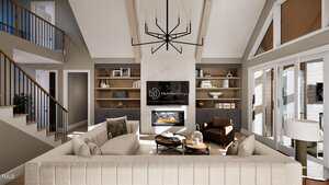 A modern living room with a sectional sofa, armchair, fireplace, built-in shelves, a large chandelier, and tall windows letting in natural light. A staircase is visible on the left side of the image.