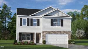 A two-story suburban house at 116 Ross Drive with white siding, black shutters, and a brick accent on the lower facade. The home has a two-car garage, a walkway, manicured lawn with several small shrubs, and great curb appeal in the Stem area.