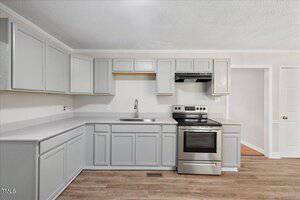 A modern kitchen with light gray cabinets, stainless steel electric stove and oven, a range hood, single sink, white countertops, and wood-style flooring. Walls are light-colored, and there is a closed white door.