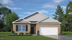 This single-story brick house at 122 Ross Drive, Stem, features a white double garage door, black front door, gray shingle roof, and a landscaped yard with shrubs and grass. Tall trees and blue sky complete the charming scene.