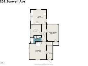 Floor plan for 232 Burwell Ave showing a kitchen, living room, foyer, bathroom, bedroom, and primary bedroom, each labeled with dimensions. Rooms are arranged in a rectangular layout.