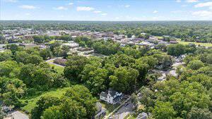Aerial view of a small town with dense green trees, several residential houses, and low-rise buildings extending into the distance under a clear sky.