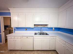 A kitchen with white cabinets, a white dishwasher, a double sink, and a white countertop. The backsplash is painted blue, and there is a laundry room visible through the doorway on the left.