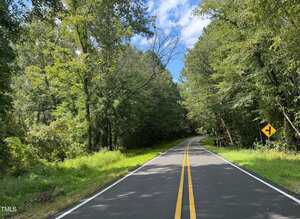 A two-lane paved road with double yellow lines curves to the left, surrounded by dense green trees. A yellow road sign on the right indicates a leftward bend ahead. The sky is partly cloudy.