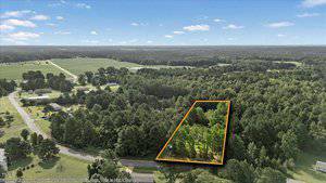 Aerial view of a wooded lot outlined in orange, located near a curved road and surrounded by trees and scattered houses, with open fields and forested areas in the background under a blue, partly cloudy sky.