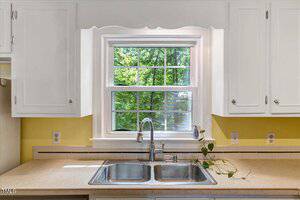 A double kitchen sink with a chrome faucet is positioned under a window with white trim, surrounded by white cabinets and yellow walls. A green vine plant lies across the countertop.