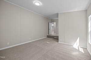 A carpeted empty room with beige walls, ceiling light, open door leading to a small step, and sunlight coming through a window on the right side.
