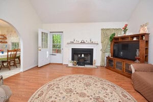 Living room with hardwood floors, a round patterned rug, a fireplace with a mantel, a large TV on a wooden stand, a green curtain, and an open door leading to a kitchen area through an arched doorway.