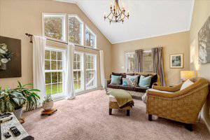 A bright living room with large windows, beige carpet, light walls, a dark sofa with cushions, a wicker armchair, a small table with a lamp, potted plants, and a chandelier hanging from a vaulted ceiling.