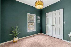 A small room with dark green walls, a white double closet door, a window with blinds, a potted plant on the beige carpet, two framed pictures, and a yellow ceiling light fixture.