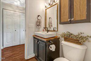 A small bathroom with a white toilet, a vanity with a wood countertop and vessel sink, a large mirror, a wall cabinet, two towel rings, and decorative greenery on the toilet tank. Double closet doors are visible outside the room.