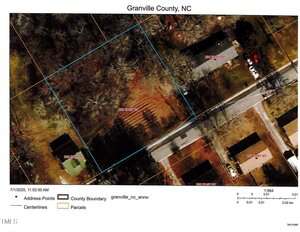 Aerial map of a residential area in Granville County, NC, showing property parcel boundaries in orange, with the highlighted parcel at 208 Easy Street, Oxford outlined in blue, labeled address points, roads, and several houses with yards.