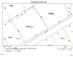A map of parcels in Granville County, NC, showing property boundaries, parcel numbers (7582, 7374, 8474, 0408), address points, street names (Easy St), and scale in feet.