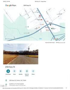 A digital map and a street-level photo showing 208 Easy St, Oxford, NC. The map marks the location with a red pin. The photo shows a paved road with utility poles and fields on both sides.