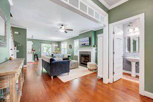 A living room with green walls, wood flooring, a dark sofa, a fireplace with a TV above it, and an adjoining hallway leading to a bathroom with a pedestal sink and mirror. White trim and ceiling fan are visible.