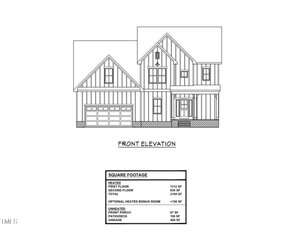 Black and white architectural drawing of the Oxford, a two-story house on Lot 18 Spring Grove Drive, featuring a covered porch, two-car garage, and gable roof. A chart below details square footage for various areas of the home.
