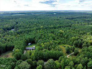 Aerial view of a house and a few outbuildings surrounded by dense forest and greenery, with a small clearing and a winding driveway visible. The landscape extends to the horizon under a partly cloudy sky.