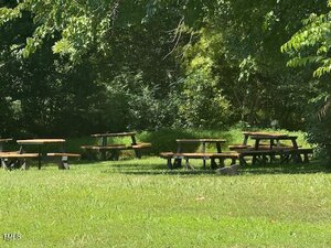 Several wooden picnic tables are arranged on a grassy area surrounded by trees and dense greenery on a sunny day.