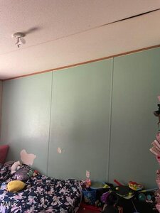 A bedroom with a teal wall that has visible patches and damage, a low bed with a patterned bedspread and plush toys, a power outlet, and a shelf holding children's items. The ceiling has a gap near the wall.