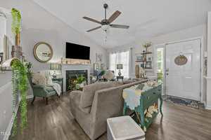 A living room with a gray couch, two green armchairs, a fireplace with a TV above it, a ceiling fan, and various plants and decorative items. A front door and windows let in natural light.