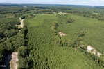 Aerial view of a large expanse of green forest with a winding road on the left and patches of cleared land. The area is surrounded by dense trees and open fields under a blue sky with scattered clouds.