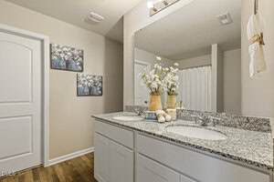 A bathroom with a double sink vanity, granite countertop, and white cabinets. Decorative vases with white flowers and rolled towels sit on the counter. A shower with a curtain and wall art are visible in the background.