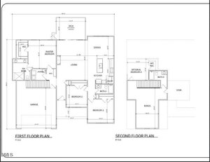 Black and white architectural floor plan shows a two-story house layout with labeled rooms including garage, bedrooms, kitchen, dining, living, baths, master bedroom, deck, storage, and bonus room on the second floor.
