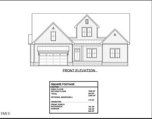 Black and white architectural drawing of the Oxford at 0 Spring Grove Drive Lot 23, showcasing a two-story house with a front porch and two-car garage. Below, a chart details square footage for each area of the home.
