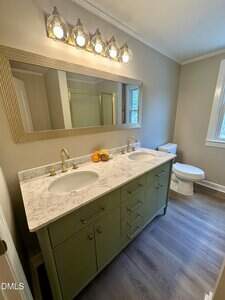 A bathroom with a green double-sink vanity, marble countertop, brass fixtures, a large mirror, overhead lighting with five bulbs, a white toilet, wood-look flooring, and beige walls.