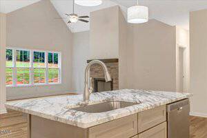 A modern kitchen features a marble countertop island with a sink and stainless steel dishwasher. In the background, a living area with a stone fireplace and large windows overlooks a grassy yard.