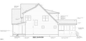 Architectural drawing labeled "Right Elevation" showing the side view of a two-story house with detailed notes on construction materials, window placement, rooflines, porch, and screened enclosure.