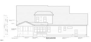 Black and white architectural drawing labeled "Rear Elevation" shows the back view of a house, including windows, doors, screened porch, and rooflines, with dimensions and construction notes indicated.