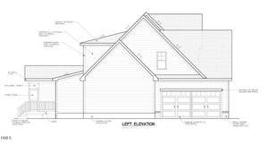 Black and white architectural drawing of the left elevation of a house, showing a double garage, side door, stairs, windows, and labels for materials and dimensions. The roof has multiple slopes and peaks.