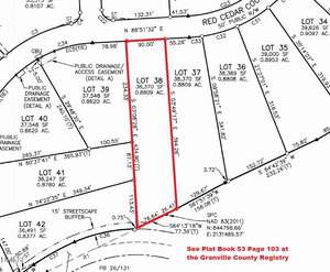 A survey map shows Lot 38, outlined in red, with its dimensions labeled. The lot is bordered by Lot 37, Lot 39, a street, and a public drainage/access easement. Registry reference is noted in the bottom right corner.