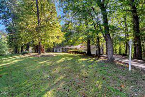 Single-story house with a long driveway surrounded by tall trees and a large grassy yard, with sunlight filtering through the leaves.