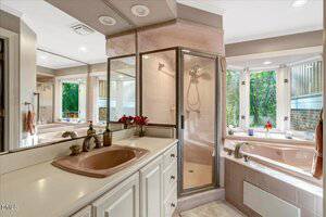 Bathroom with mauve fixtures, including a sink, large tub, and a glass-enclosed shower. White cabinetry, mirrors, and windows with views of greenery are visible. Various toiletries and decor are displayed on the surfaces.